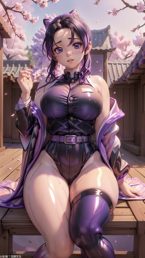 (((Top Quality))), ((Masterpiece)), ((Art)), (RAW Photo), (Shiny Skin), (Thick Thighs:1.8), (Vibrant Color:1.5), Ultra HD, High Resolution, Very High Resolution, Complex Grieble Pieces, ShinobuKochou_NDV, 1girl, purple eyes, black-purple hair, Very Big Bre...