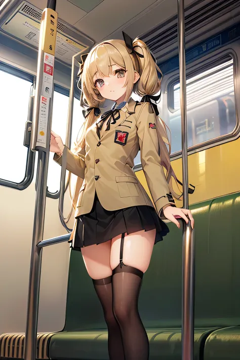 (high quality:1.5),(1girl:1.5),((((Petite:1.2)))),,(khaki  color school blazer:1.5),(black big ribbon:1.5),(black miniskirt:1.5),(pantyshot:1.7),,nsfw,
,(gold long twin tail hair:1.5),(standing:1.5),(on the train:1.5),


