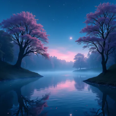 fantasy style, Maximum details, best quality by the police, Intricate Details, Hi-res,  of the highest quality,   masterpiece , Eight thousand,   beautiful painting  , Night Sky, Star, Beautiful reflections on the surface of the water, Mysterious trees tha...