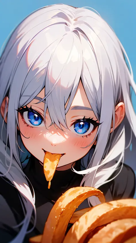 1 girl、solo、blue eyes、 silver hair、blue background、long hair、portrait、hair between their eyes、Black、smile、 eats french fries