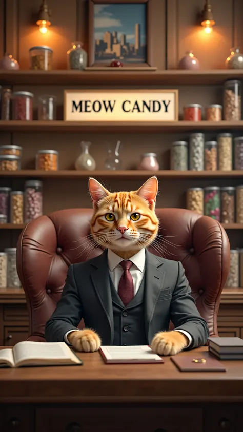  inside a realistic  high class super high tech luxury office on a top high rise building in New York city, inside the office there is a sign that says : " MEOW CANDY " and a elegant orange cat wearing a suit seating in a leather chair behind a desk is smi...