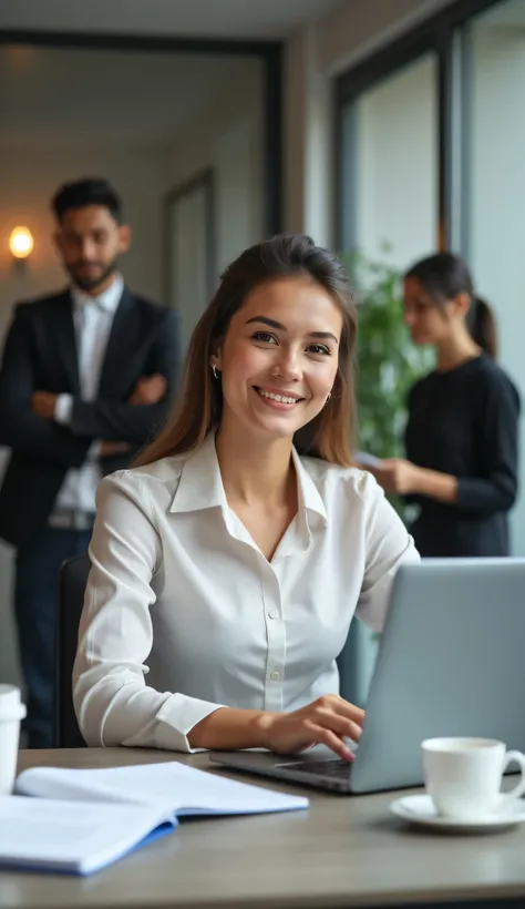 A confident young woman sits at her sleek and organized desk in a modern office, radiating success and determination. She is dressed professionally, with her hair neatly styled, and her eyes focused on the laptop screen. A slight smile of satisfaction appe...