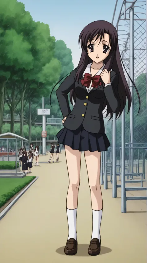 a girl, Anatomically Correct, posing, full body, elementary school uniform, in love, in public, Kotonoha Katsura, school day, anime style, vista lateral, Park