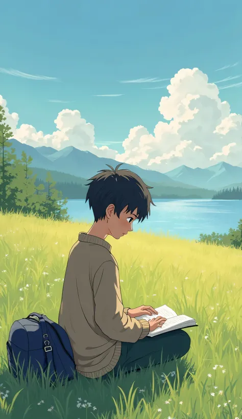 "A digital anime-style illustration of a young boy sitting in a field of tall green grass near a calm lake, reading a book. The golden sunlight of late afternoon bathes the scene, casting long shadows. The boy is wearing a light brown sweater and dark gree...