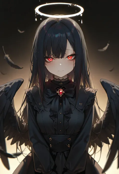masterpiece,best quality, halo, black wings, black hair, cute face, tattered clothing, fallen angel, soft expression, looking at viewer, floating feathers, dramatic lighting, gothic atmosphere, soft lighting, warm glow, depth of field, highly detailed, int...