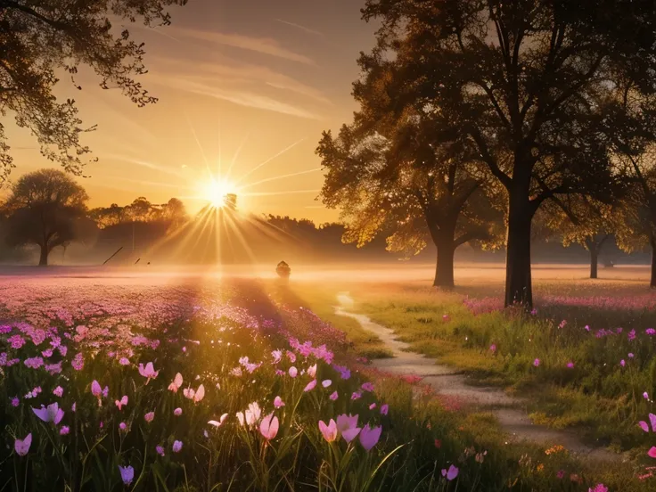 a close up of a field with flowers and a sun in the background, digital art by Svetlin Velinov, pixabay contest winner, romanticism, located in a swamp at sunrise, spring early morning, early morning light, lpoty, marc adamus, foggy morning light, springti...