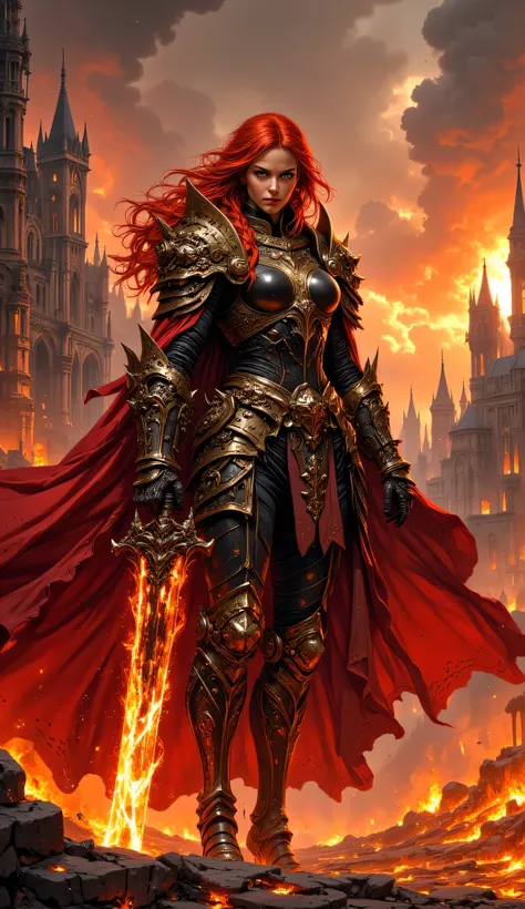 A fierce red-haired female warrior stands in the ruins of a medieval city engulfed in flames. She wears ornate black and gold armor with intricate engravings, shoulder plates, and a flowing red cape that flutters in the wind. Her piercing gaze exudes stren...