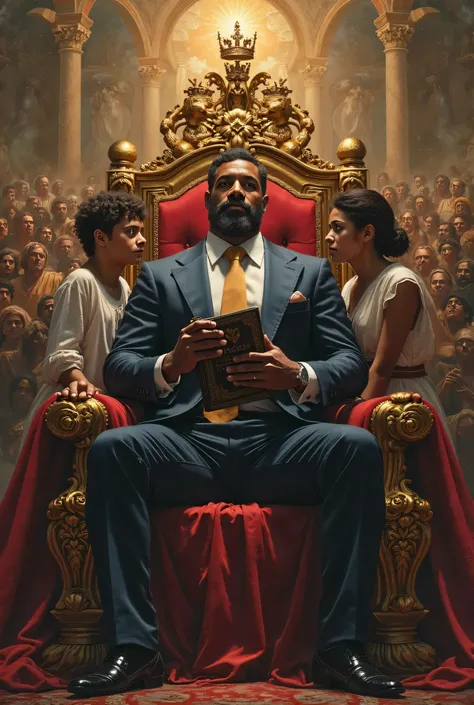 *"A modern man with an imposing and powerful physique, dressed in an elegant and modern suit , he sits on a majestic ancient throne. His expression reflects a unwavering trust and absolute dominance, with a penetrating gaze that commands respect. On his he...