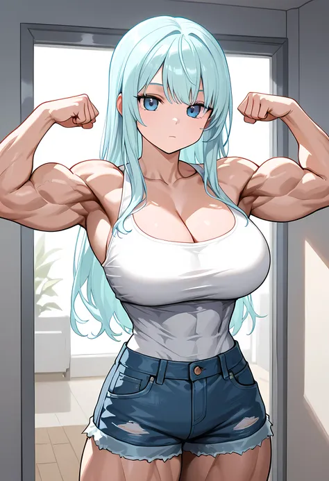 1girl, solo, (light blue hair, long hair, bangs, blue eyes, cute face:1.0), (large breasts, muscular arms, muscular shoulders, huge biceps, narrow waist, petite:1.0), (white shirt, cleavage, sleeveless, bare shoulders, bare arms, denim shorts), indoors, ex...