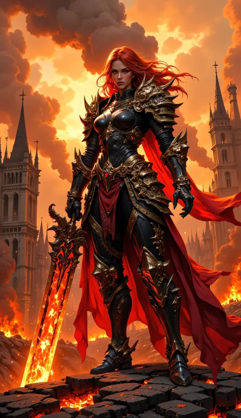 A fierce red-haired female warrior stands in the ruins of a medieval city engulfed in flames. She wears ornate black and gold armor with intricate engravings, shoulder plates, and a flowing red cape that flutters in the wind. Her piercing gaze exudes stren...