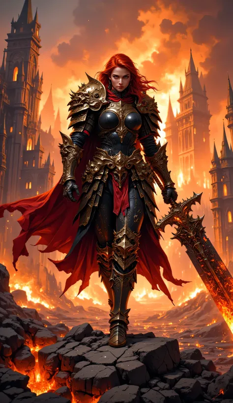 A fierce red-haired female warrior stands in the ruins of a medieval city engulfed in flames. She wears ornate black and gold armor with intricate engravings, shoulder plates, and a flowing red cape that flutters in the wind. Her piercing gaze exudes stren...