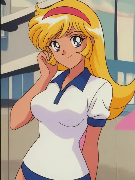 masterpiece,best quality,very aesthetic,highres, KisaragiHoney, 1girl, solo, blonde hair, long hair, blue eyes,smile,medium breasts, hairband,(white shirt),navy blue collar,navy buruma,standing,hand in own hair,arm behind back,outdoor, looking at viewer,bu...