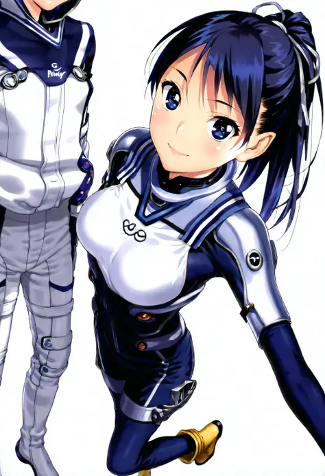 (​masterpiece、 top quality、 highest resolution 、 Clear Images 、  detailed image 、 The angle is from above ): ( a Japanese woman 、 High Ponytail、  Friendly Smiles。 dark blue hair  、 Sparkling blue eyes 、(  white and navy blue pilot suit （Enamel Finish ）、whi...