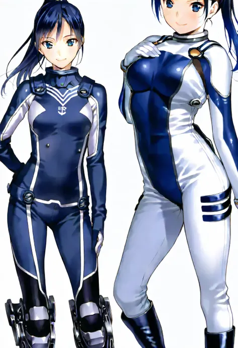 (​masterpiece、 top quality、 highest resolution 、 Clear Images 、  detailed image 、 The angle is from above ): ( a Japanese woman 、 High Ponytail、  Friendly Smiles。 dark blue hair  、 Sparkling blue eyes 、(  white and navy blue pilot suit （Enamel Finish ）、whi...