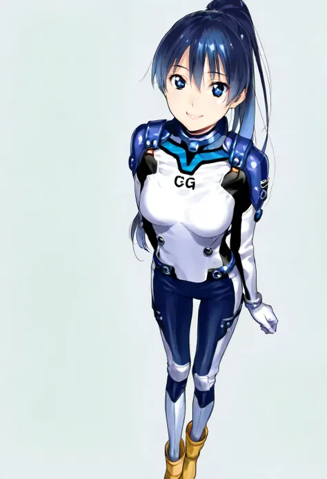 (​masterpiece、 top quality、 highest resolution 、 Clear Images 、  detailed image 、 The angle is from above ): ( a Japanese woman 、 High Ponytail、  Friendly Smiles。 dark blue hair  、 Sparkling blue eyes 、(  white and navy blue pilot suit （Enamel Finish ）、whi...