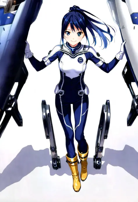 (​masterpiece、 top quality、 highest resolution 、 Clear Images 、  detailed image 、 The angle is from above ): ( a Japanese woman 、 High Ponytail、  Friendly Smiles。 dark blue hair  、 Sparkling blue eyes 、(  white and navy blue pilot suit （Enamel Finish ）、whi...