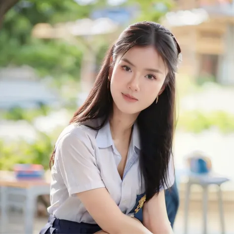 1girl, solo, (uniform), sits on something, crowded shopping mall, detailed Metropolitan city at the background, portrait, thick breasts, semi-curvy body, smooth realistic skin, cute smirk, white shirt, grey blue short skirt, looking at the audience, high a...