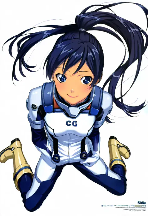 (​masterpiece、 top quality、 highest resolution 、 Clear Images 、  detailed image 、 The angle is from above ): ( a Japanese woman 、 High Ponytail、  Friendly Smiles。 dark blue hair  、 Sparkling blue eyes 、(  white and navy blue pilot suit （Enamel Finish ）、whi...