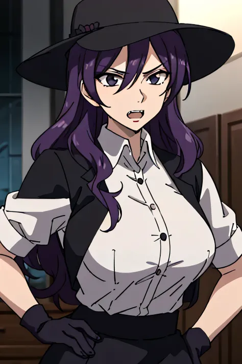 27 year old woman, tall and big body, wearing white shirt, wearing black short skirt, wearing black cartwheel hat, purple hair color, slightly curly hair, has fangs, criminal, sexy, two buttons of shirt open, psychopath, wearing black gloves, facing forwar...