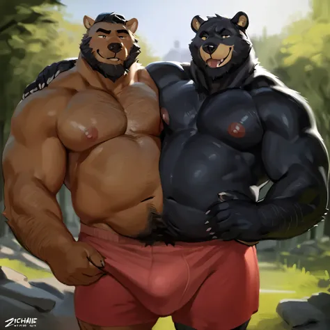 solo, ((fat bearded panther and fat bear), by bebebebe, by ZIXiong, by zackary911, by SligarTheTiger, by RED8EAN, (half yellow half brown), hairy, very obese, detailed eyes, by chunie, by pacheriggs, fat, shirtless, boxers, correct hands, natural pose, han...