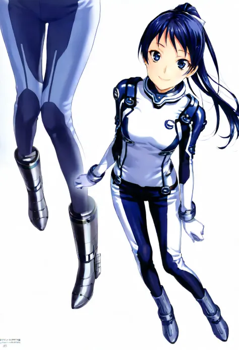 (​masterpiece、 top quality、 highest resolution 、 Clear Images 、  detailed image 、 The angle is from above ): ( a Japanese woman 、 High Ponytail、  Friendly Smiles。 dark blue hair  、 Sparkling blue eyes 、(  white and navy blue pilot suit （Enamel Finish ）、whi...