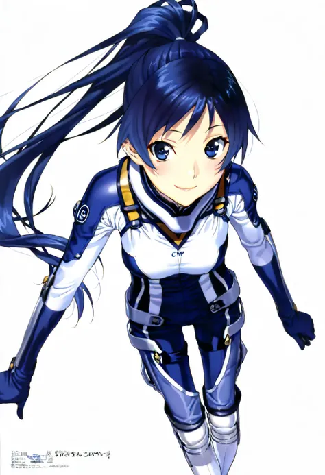 (​masterpiece、 top quality、 highest resolution 、 Clear Images 、  detailed image 、 The angle is from above ): ( a Japanese woman 、 High Ponytail、  Friendly Smiles。 dark blue hair  、 Sparkling blue eyes 、(  white and navy blue pilot suit （Enamel Finish ）、whi...