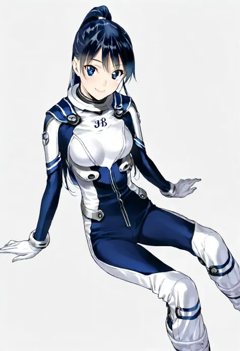 (​masterpiece、 top quality、 highest resolution 、 Clear Images 、  detailed image 、 The angle is from above ): ( a Japanese woman 、 High Ponytail、  Friendly Smiles。 dark blue hair  、 Sparkling blue eyes 、(  white and navy blue pilot suit （Enamel Finish ）、whi...