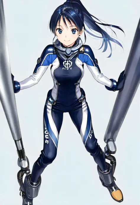 (​masterpiece、 top quality、 highest resolution 、 Clear Images 、  detailed image 、 The angle is from above ): ( a Japanese woman 、 High Ponytail、  Friendly Smiles。 dark blue hair  、 Sparkling blue eyes 、(  white and navy blue pilot suit （Enamel Finish ）、whi...