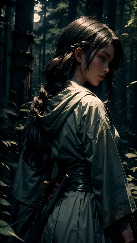 Aiko dashes through a dark, dense forest, moonlight filtering through the tall trees. She wears a simple warrior’s robe, her katana strapped to her back. Shadows stretch around her, and in the distance, she hears the faint sound of approaching enemies."