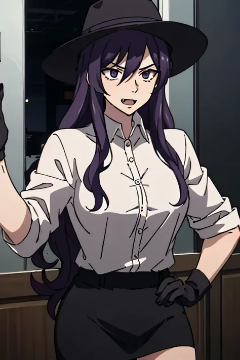 27 year old woman, tall and big body, wearing white shirt, wearing black short skirt, wearing black wide brim hat, purple hair color, slightly curly hair, has fangs, criminal, sexy, two buttons of shirt open, psychopath, wearing black gloves, facing forwar...