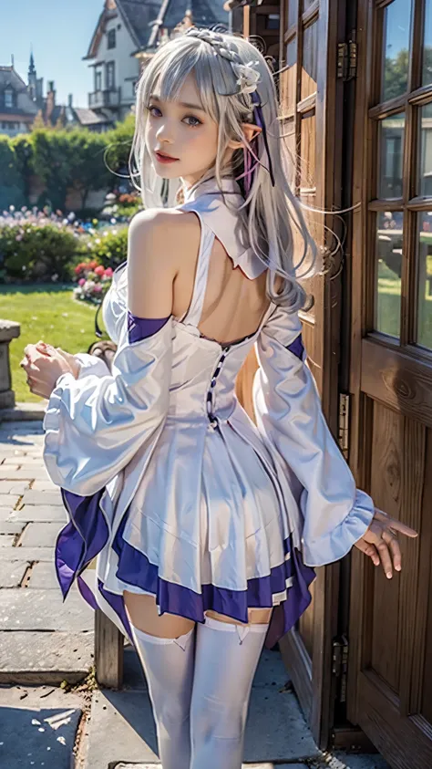 Landscape of a very beautiful woman, (cowboy shot), (((back hand photography)))!!!, (((front focus))), (((background Blurry))), Bokeh, photography with Fujifilm XT3, depth of field, film grain, female focus, BREAK, Emilia/(Re : Zero Kara Hajimaru/), anime ...