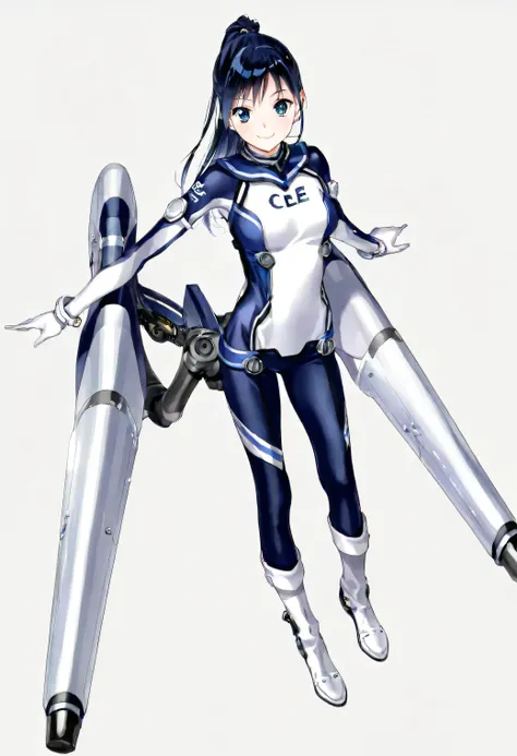 (​masterpiece、 top quality、 highest resolution 、 Clear Images 、  detailed image 、 The angle is from above ): ( a Japanese woman 、 High Ponytail、  Friendly Smiles。 dark blue hair  、 Sparkling blue eyes 、(  white and navy blue pilot suit （Enamel Finish ）、whi...