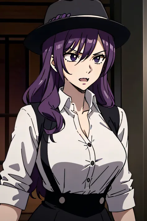 27 year old woman, tall and big body, wearing white shirt, wearing black short skirt, wearing black wide brim hat, purple hair color, slightly curly hair, has fangs, criminal, sexy, two buttons of shirt open, psychopath, wearing black gloves, facing forwar...