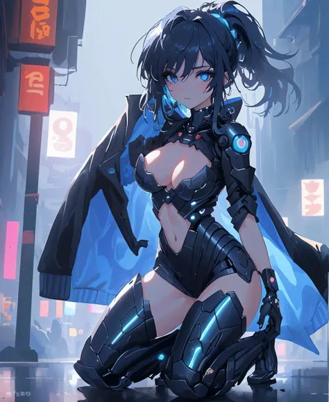 (masterpiece), (top quality), super high resolution, Sharp focus, (( 1 female, alone)), full body, detailed face、Sparkling detailed blue eyes、 cyberpunk theme , Beautiful Detailed Hair, dark blue hair, Long hair hanging down,  high knot ponytail、beautiful ...