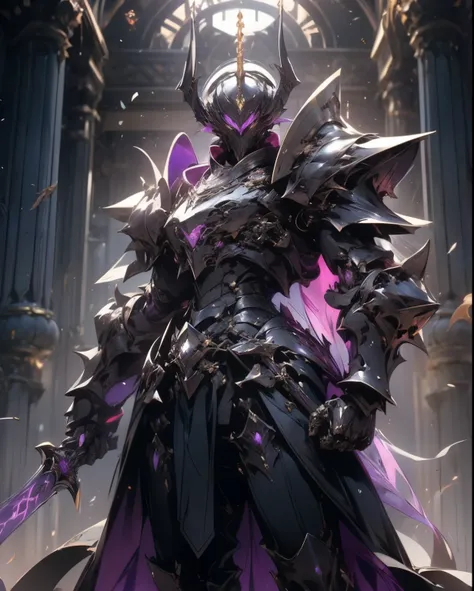 arafed knight standing in a dark room with a sword, burnt armor, purple fire color reflected armor, steampunk bioarmor, whitewood forest themed armor, demonic dragon inspired armor, corrupted armor, gothic armor, purple and white color armor, cyberpunk fla...