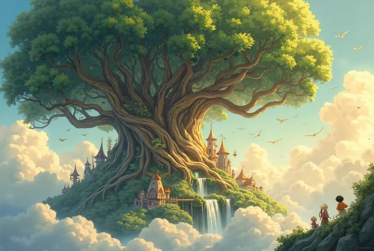 "A massive, ancient tree with thick, twisting roots supporting a floating kingdom in the sky. The kingdom consists of tiny glowing houses, windmills, and waterfalls cascading into the clouds. Soft golden sunlight bathes the scene, creating a dreamy, magica...