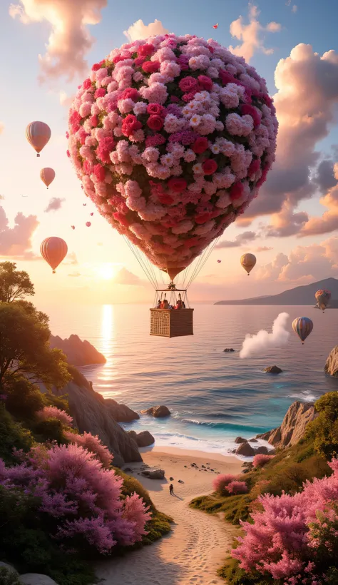 breathtaking, ultra-realistic fantasy scene of a tropical coastline at sunset. The golden sun casts warm, diffused light over the ocean, creating a mesmerizing gradient of orange, pink, and soft lavender hues in the sky. The sun’s reflection shimmers on th...