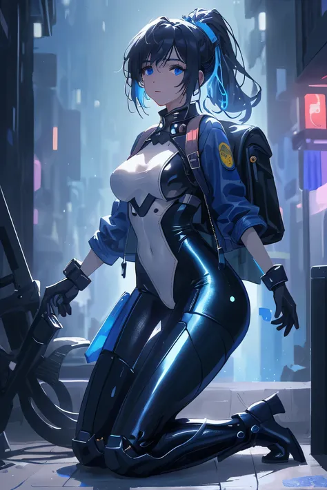 (masterpiece), (top quality), super high resolution, Sharp focus, (( 1 female, alone)), full body, detailed face、Sparkling detailed blue eyes、 cyberpunk theme 、navy blue enamel gloss bodysuit、 Beautiful Detailed Hair, dark blue hair, Long hair hanging down...