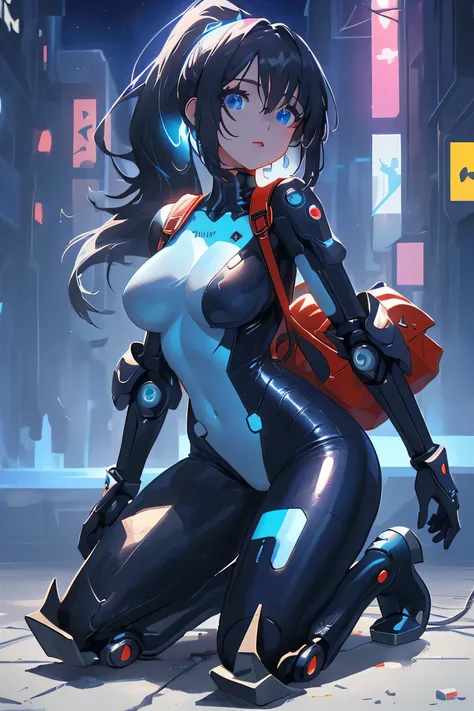 (masterpiece), (top quality), super high resolution, Sharp focus, (( 1 female, alone)), full body, detailed face、Sparkling detailed blue eyes、 cyberpunk theme 、navy blue enamel gloss bodysuit、 Beautiful Detailed Hair, dark blue hair, Long hair hanging down...