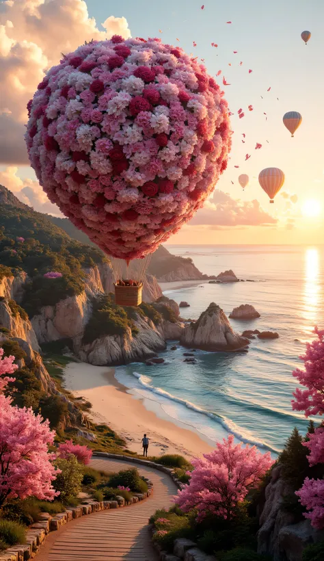 breathtaking, ultra-realistic fantasy scene of a tropical coastline at sunset. The golden sun casts warm, diffused light over the ocean, creating a mesmerizing gradient of orange, pink, and soft lavender hues in the sky. The sun’s reflection shimmers on th...