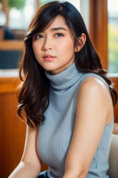 Grey turtleneck sweater, sleeveless sweater, hair band, blue pleated skirt, chubby face, looking at camera, front view, black hair, long hair, bangs, (detailed face), at livingroom, tempting pose, potrait body, black eyes, 1 girl, 20yo,Young female,Beautif...