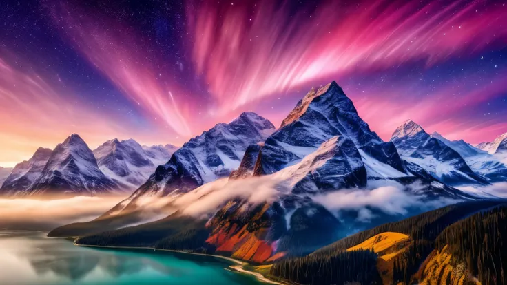 best quality, masterpiece, Beautiful Wild Natural Fantasy Scenery with Shining Light,Spectacular nature ,Delicate Natural Atmosphere,Majestic scenery shining in red and purple,Aerial view,