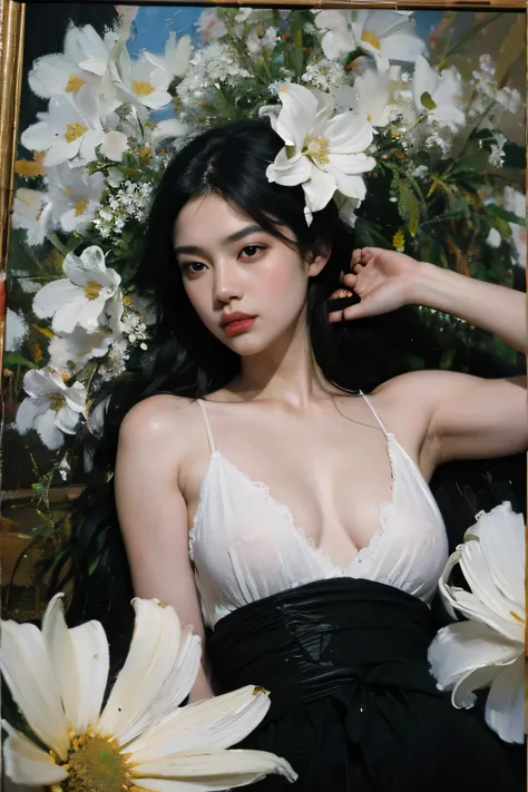  (oil painting:1.5),
\\
a woman with long black hair and white flowers in her hair is laying down in a field of white flowers, (amy sol:0.248), (stanley artgerm lau:0.106), (a detailed painting:0.353), (gothic art:0.106)