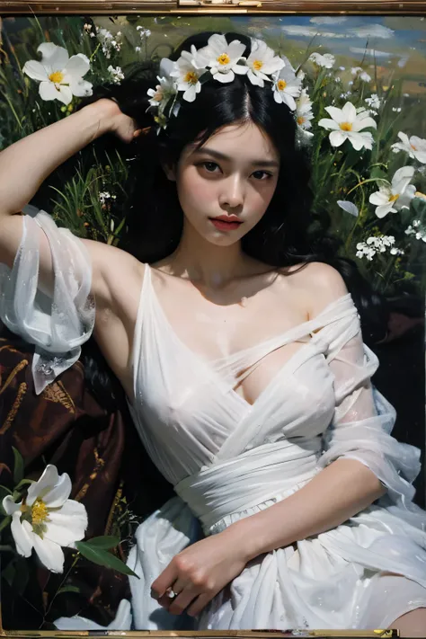  (oil painting:1.5),
\\
a woman with long black hair and white flowers in her hair is laying down in a field of white flowers, (amy sol:0.248), (stanley artgerm lau:0.106), (a detailed painting:0.353), (gothic art:0.106)