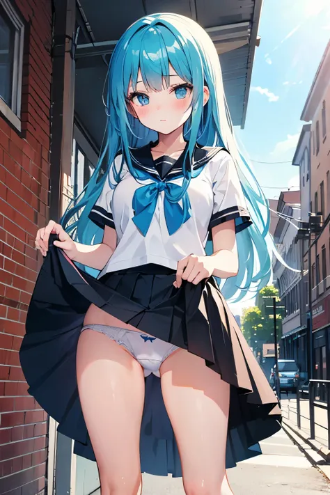 best quality, a girl, highschool student, aqua long hair, blue eyes, standing,  street, morning, glance, sunny, skirt lift, blush, blue ribbon, white  pantie