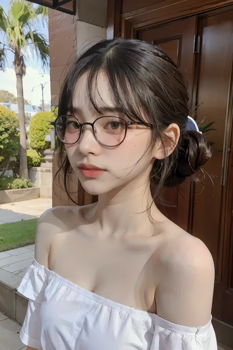 Student girl  Hairstyle Casual, F-cup breats wearing off shoulder collarbone with Square glasses with black edges  at house