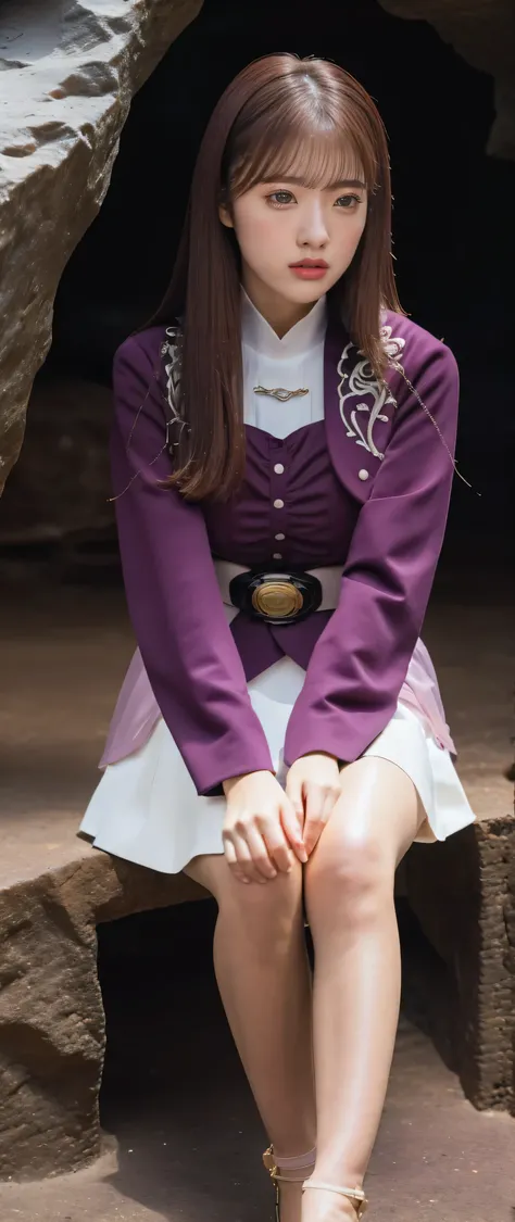 ( 高精細CG),( highest quality ),((front view)),(( Composition showing the top from the waist)),(( in a dark cave)),(( 1girl )), perfect face, shiny skin , wide hips , thin waist, purple bolero jacket,((white skirt)), Long Sleeve , pink belt,((brown hair c...