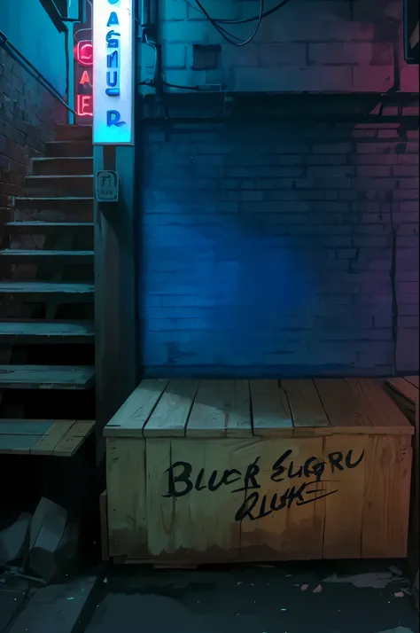 there is a neon sign on the side of a building, hyper-realistic back alley, alley, night life aesthetics, แอ่งน้ำที่พื้น,ถังขยะ,สกปรก,back of the night club,dirty wall,backdoor,wooden box,blue light from the left red light from the right,neon sign,HIGH det...