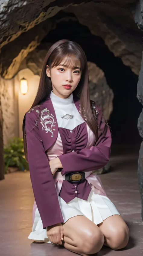 ( 高精細CG),( highest quality ),((front view)),(( Composition showing the top from the waist)),(( in a dark cave)),((  1girl  )), perfect face, shiny skin , wide hips , thin waist, purple bolero jacket,((white skirt)), Long Sleeve  ,  pink belt,((brown hair c...