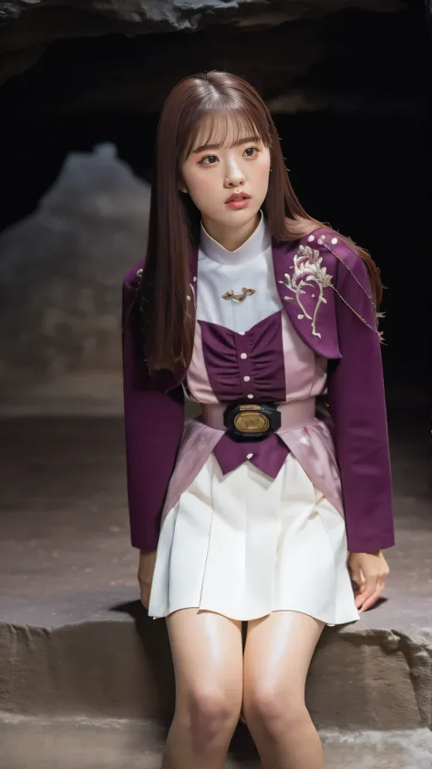 ( 高精細CG),( highest quality ),((front view)),(( Composition showing the top from the waist)),(( in a dark cave)),(( 1girl )), perfect face, shiny skin , wide hips , thin waist, purple bolero jacket,((white skirt)), Long Sleeve , pink belt,((brown hair c...